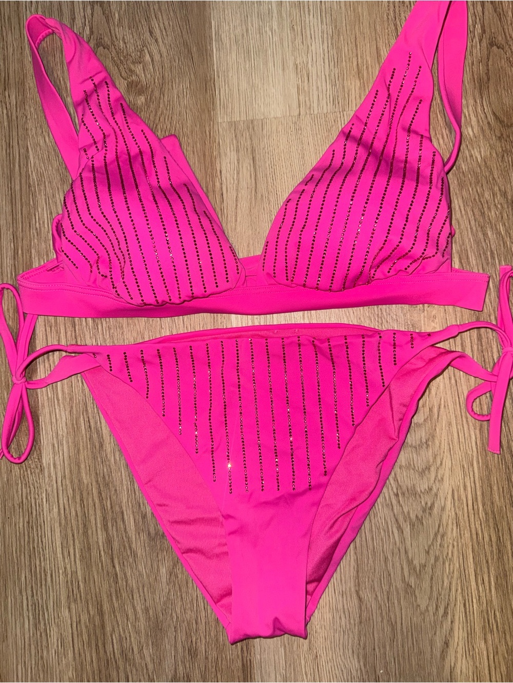 Hot Pink Rhinestone Stripe Bikini Set